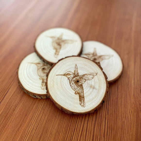 Hummingbird Engraved Wood Coaster Set