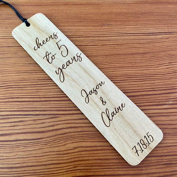 Engraved Wood Five Year Anniversary Bookmark
