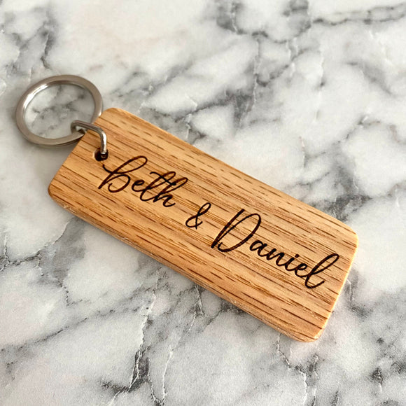 Couple's Names Engraved Wood Keychain