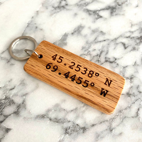 Custom Coordinates Engraved Wood Keychain