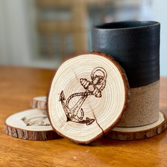 Anchor Engraved Wood Coaster Set