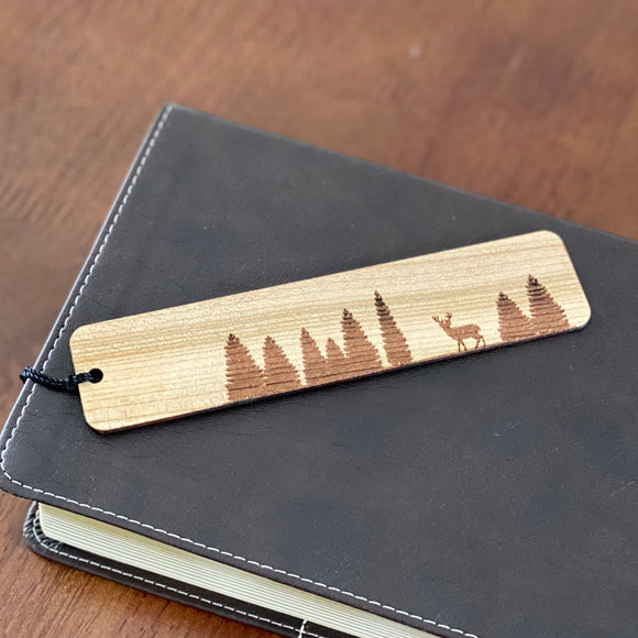 Pine Tree & Deer Engraved Wood Bookmark