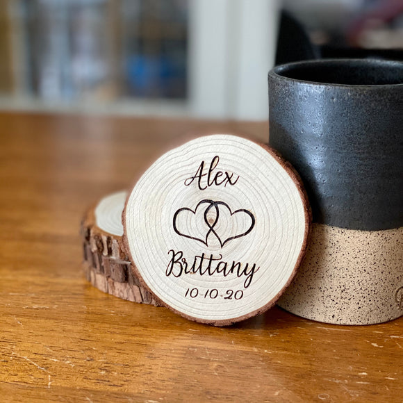 Custom Couples Name & Date Wood Coaster Set