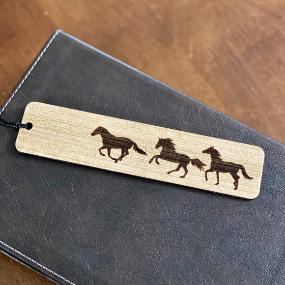 Running Horses Engraved Wood Bookmark