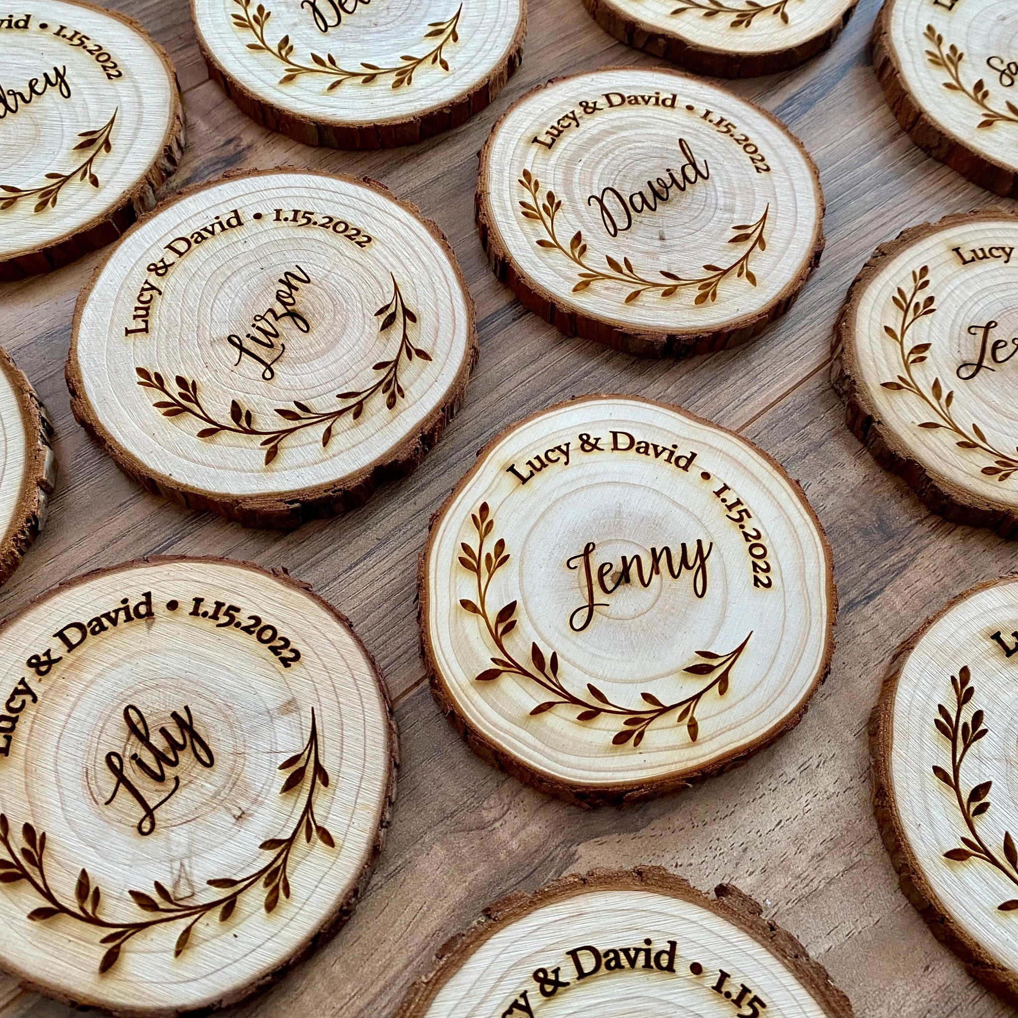 30 Personalised Wood Slice Place Setting Coasters Wedding Place Names /  Favours / Favors, Rustic Wedding Coasters, Wood Slice Coasters 