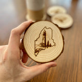 Maine Lighthouse Engraved Wood Coaster Set