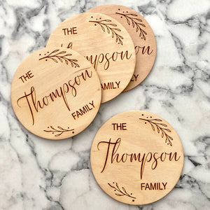 Custom Family Name Engraved Wood Coaster Set