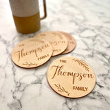 Custom Family Name Engraved Wood Coaster Set