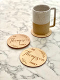 Custom Family Name Engraved Wood Coaster Set