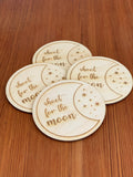 Engraved Wood Moon & Stars Coaster Set