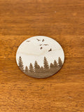 Pine Tree & Birds Engraved Wood Coaster Set