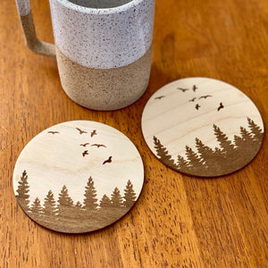 Pine Tree & Birds Engraved Wood Coaster Set