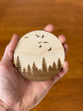 Pine Tree & Birds Engraved Wood Coaster Set