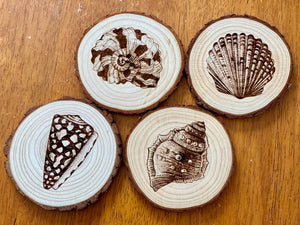 Seashell Engraved Wood Coaster Set