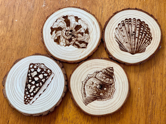 Seashell Engraved Wood Coaster Set