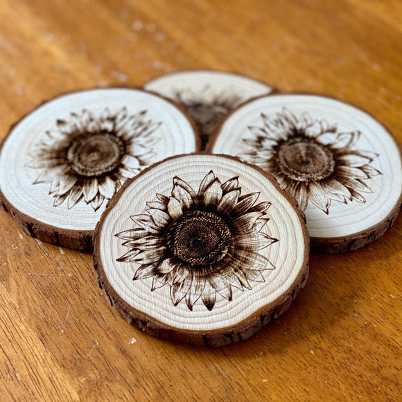 Sunflower Engraved Wood Coaster Set