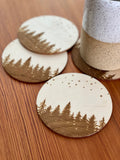 Pine Tree & Stars Engraved Wood Coaster Set