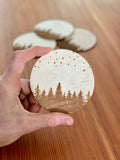 Pine Tree & Stars Engraved Wood Coaster Set